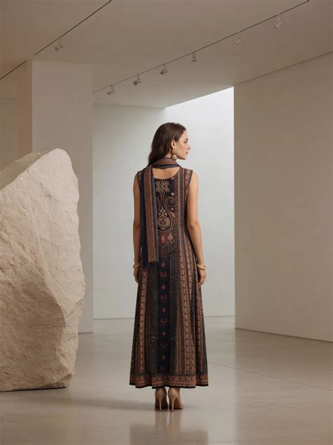 Navy Blue & Maroon Ajrakh Anarkali 3 Piece Set in Crepe – Kaftanize