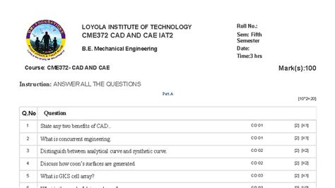 CAD & CAE IAT2 - Fifth Sem Exam Questions & Answers - Studocu