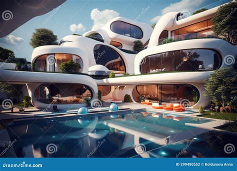 Bright Futuristic House with Apartments with Pools, Concept of ...