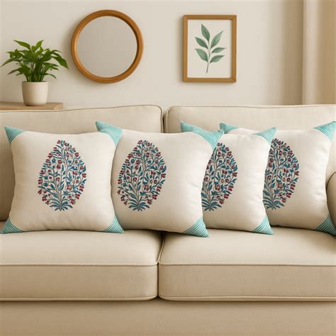 Handblock Motif Cotton Cushion Covers with Zipper - Set of 4 | Covers ...