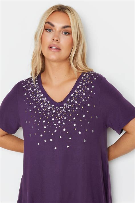 YOURS Plus Size Purple Star Stud Embellished Top | Yours Clothing
