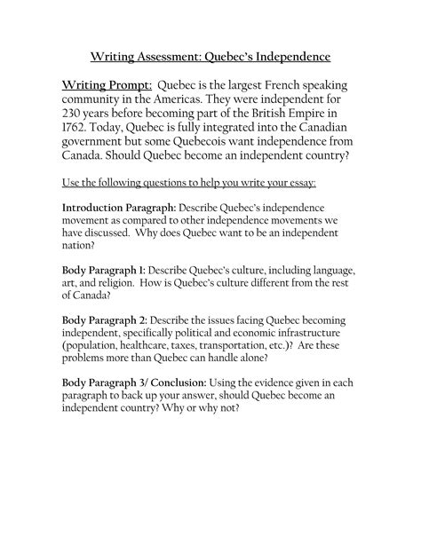 Writing assessment quebec independence | DOC