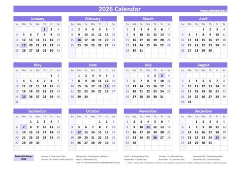 Printable 2026 Calendar with Holidays