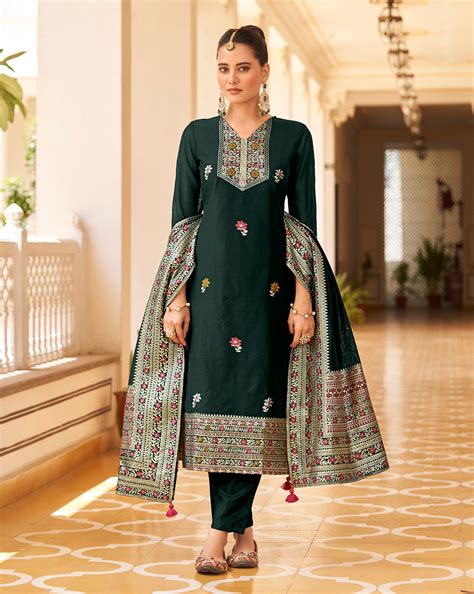 Women's Dark green Silk Blend Woven Design Kurta with Trouser & Woven