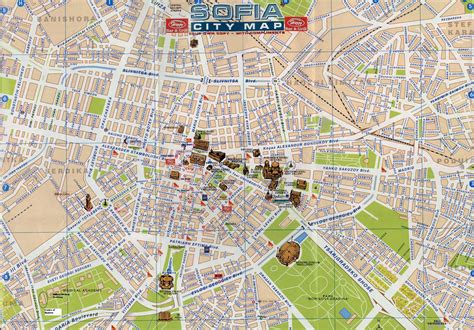 Large detailed tourist map of central part of Sofia | Vidiani.com | Maps of all countries in one ...