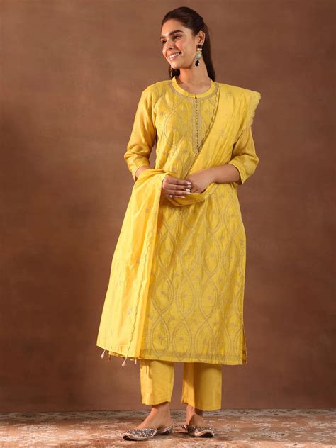 Buy Mustard Embroidered Chanderi Silk Straight Suit With Dupatta Online ...
