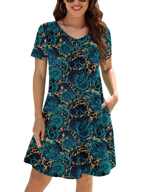 Chiclily Women's Short Sleeve Dresses Green Field XL V Neck Flowy Beach ...