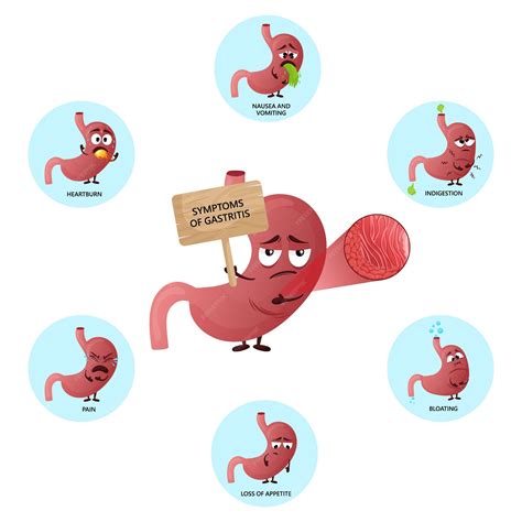Infografía de síntomas de gastritis con personajes de dibujos animados de estómago | Vector Premium