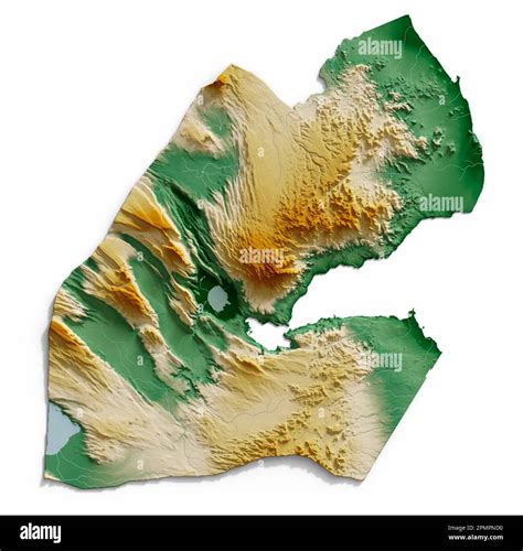 Djibouti. Detailed 3D rendering of a shaded relief map with rivers and lakes. Colored by ...