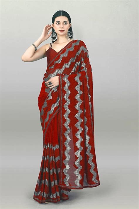 Designer Red Saree with Box Piping & Embroidery Work - shubhkalastore.com