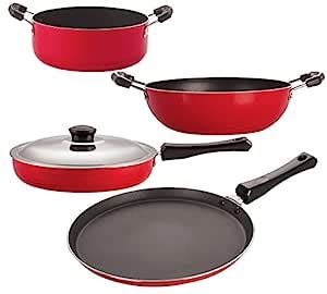 Buy Nirlon Non-Stick Aluminium Cookware Set, 4-Pieces, Red and Black (2 ...