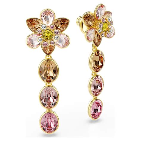 Idyllia drop earrings, Mixed cuts, Flower, Multicolored, Gold-tone plated