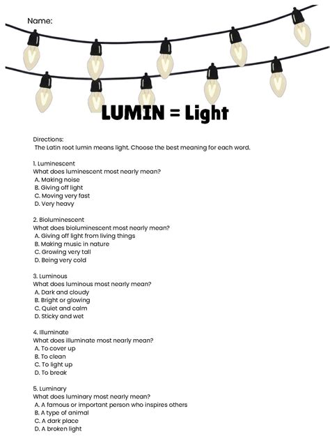 Latin Roots Made Easy: LUMIN (Light) | Vocabulary Practice Worksheet