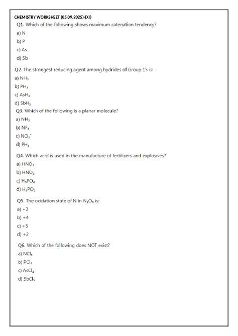 11TH CHEMISTRY WORKSHEET: Catenation, Reducing Agents & More - Studocu