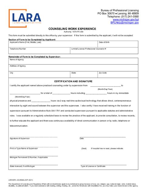 Counseling Work Experience Form - Blank Fillable Template | Fill Out ...