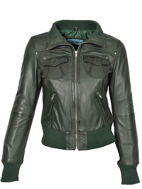 Ladies Green Bomber Genuine Leather Jacket