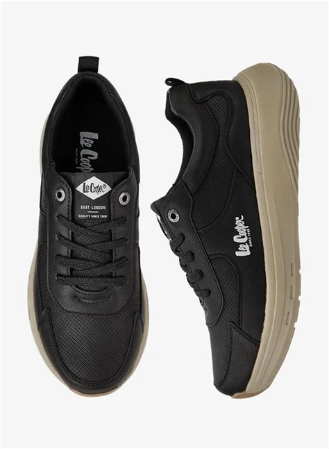 Lee Cooper BLACK Men's Solid Lace-Up Sneakers with Pull Tabs for Men ...