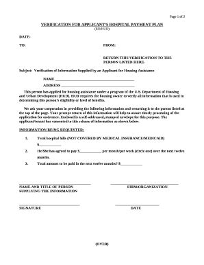 VERIFICATION FOR APPLICANTS HOSPITAL PAYMENT PLAN Doc Template | pdfFiller