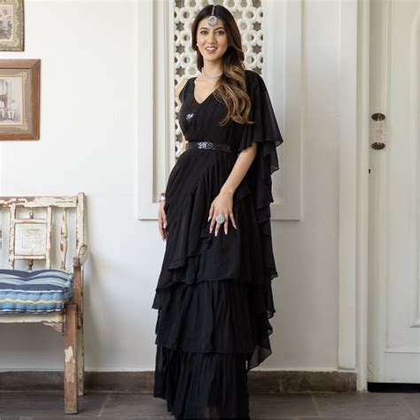 Buy Black Georgette Saree With Stitched Blouse - Lavanya The Label