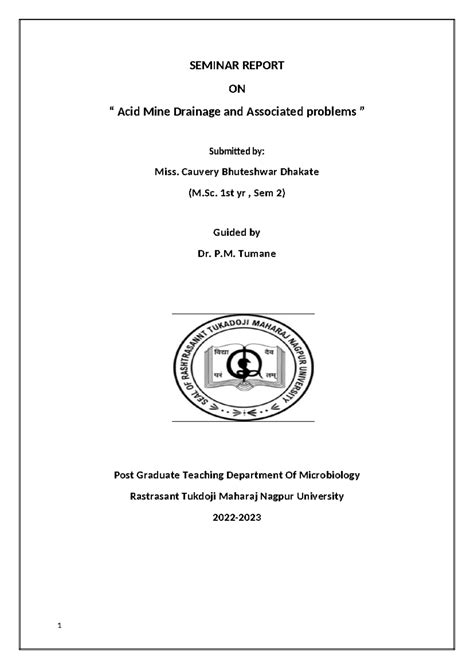 Synopsis - SEMINAR REPORT ON “ Acid Mine Drainage and Associated ...