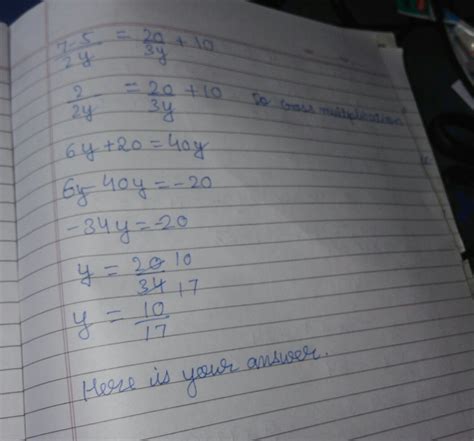 Solve-:7/2y-5/2y=20/3y+10 - Brainly.in