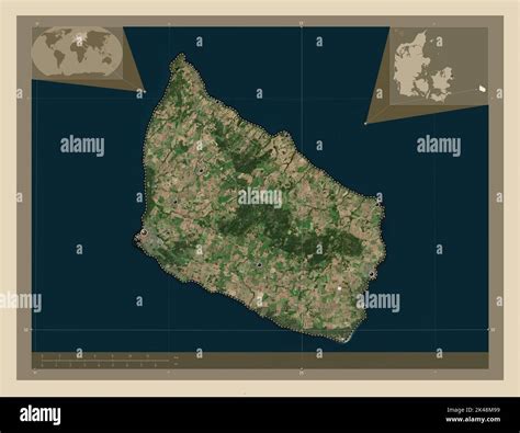 Bornholm, island of Denmark. High resolution satellite map. Locations of major cities of the ...