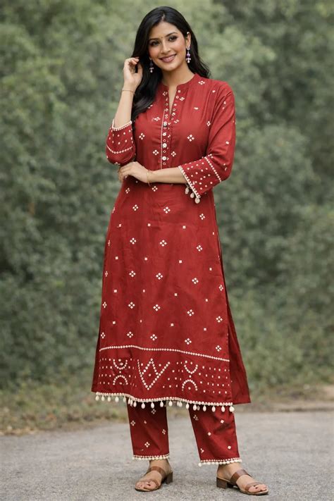 Bandhani Print Kurta Set with Shell Tassel Borders – Peach Petals