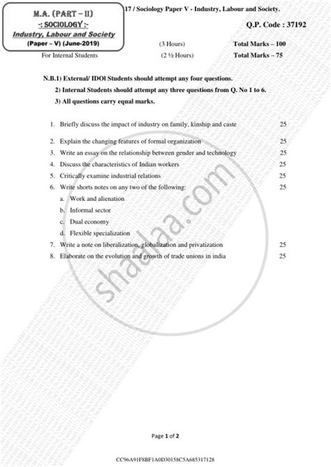 Industry Labour and Society 2018-2019 MA Sociology (IDOL ...