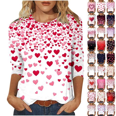 Horkkom Valentines Shirts for Women, 3/4 Length Sleeve Heart Shirts, Crewneck Heart Print ...
