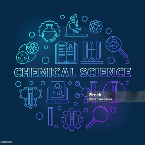 Chemical Science Vector Blue Round Illustration In Outline Style Stock ...