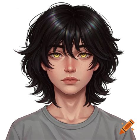 Anime portrait of a teenage boy with shaggy black hair and yellow eyes ...
