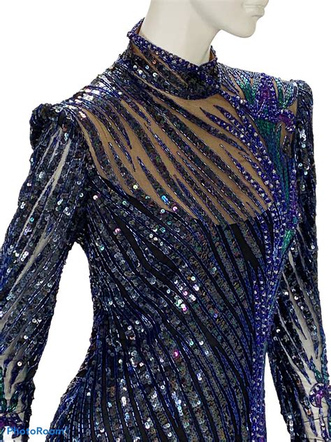 Vintage Bob Mackie Navy Blue Fully Embellished Iris Flower Long Dress ...