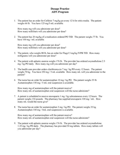 Practice - dosage per weight - Dosage Practice ADN Program 1. The ...