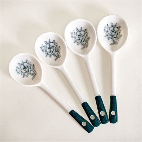 Ceramic Rose Bowl With Spoon Set Of 4 Green White 400ml Online ...