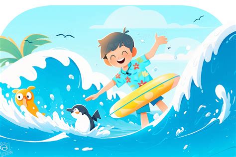 卡通风小男孩在戴着泳圈在浪花翻涌的海里玩水插画图片素材下载_jpg格式_熊猫办公