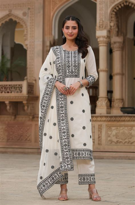 Shop White-Black Cotton Embroidered Suit Set- Elegant Ethnic Wear ...