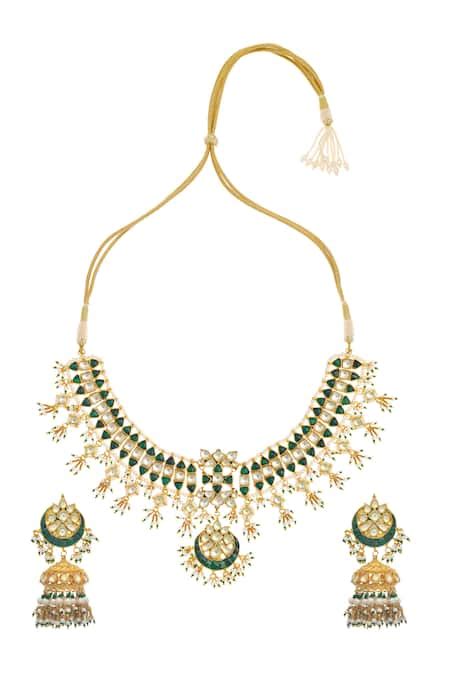 Buy Green Stones, Beads, Pearls Cut Work Jadau Necklace Set by Maisara ...