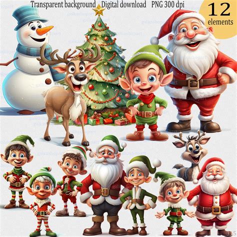 Clipart Set of 12 Pngs Cartoon Christmas Elves Santas Deers - Etsy