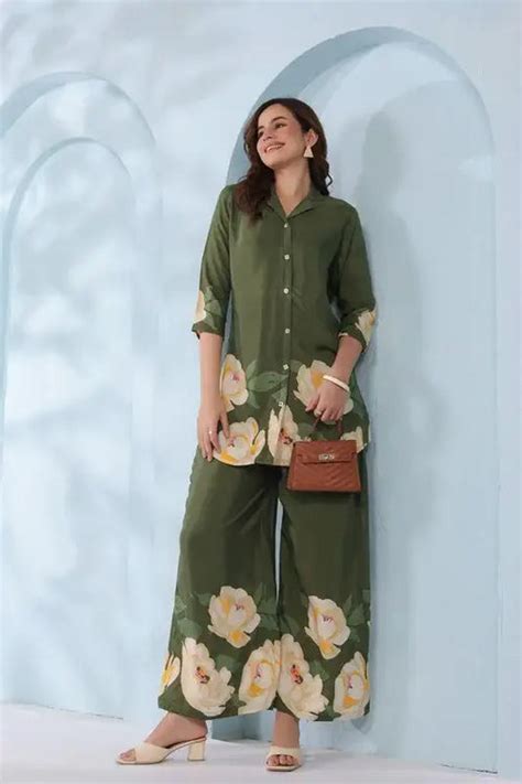 Blooming Grace in Olive Green Russian Silk Co-ord Set