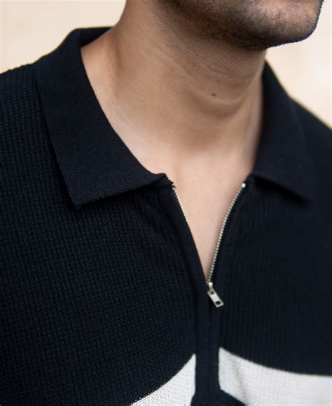 Black Striped Knit Polo T-Shirt – Powerlook