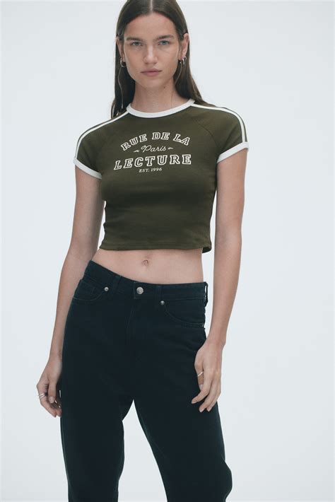 Cropped T-shirt - Dark green/Paris - Ladies | H&M IN