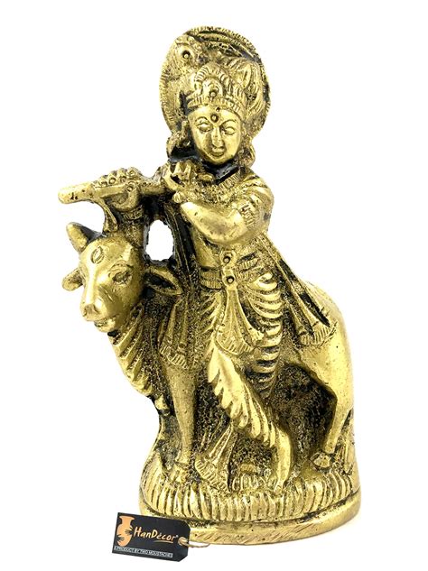 Buy Two Moustaches Flute Krishna with Cow Brass Statue | Handmade Brass ...