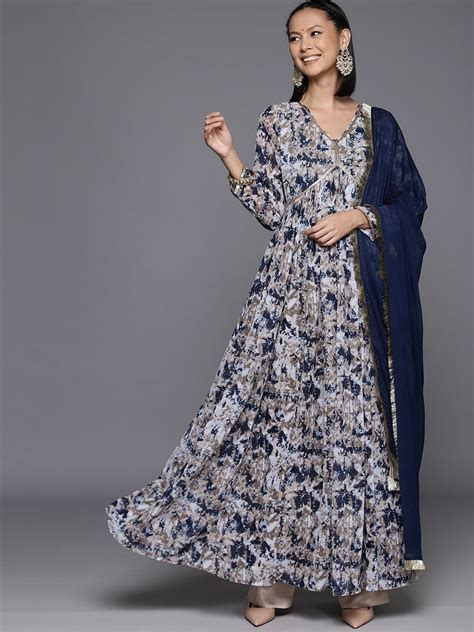Varanga Women Navy Blue Floral Printed V-Neck Anarkali Kurta Paired ...