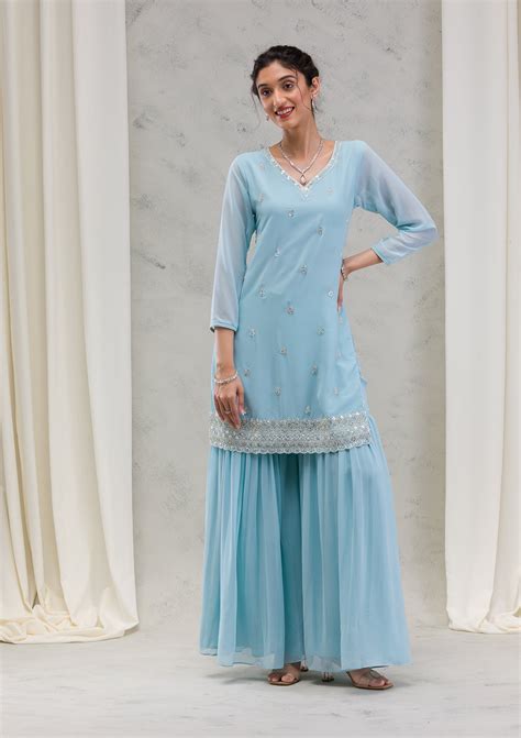 Buy Sea Green Stonework Georgette Readymade Salwar Suit - Koskii
