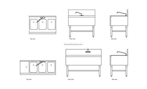 3-Compartment Under Bar Sink - Free CAD Drawings