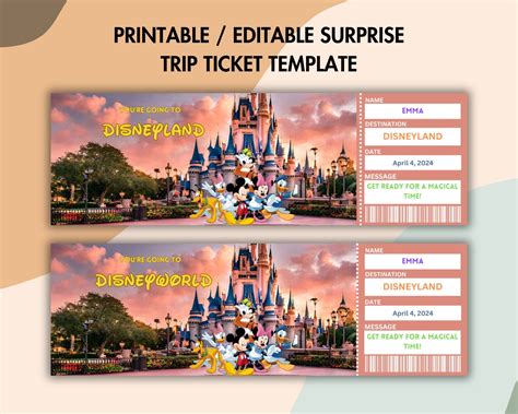 Printable Disneyland Surprise Trip Ticket Template, Surprise Reveal Gift Voucher, Vacation Trip ...