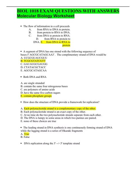 BIOL 1018 EXAM QUESTIONS WITH ANSWERS Molecular Biology Worksheet ...