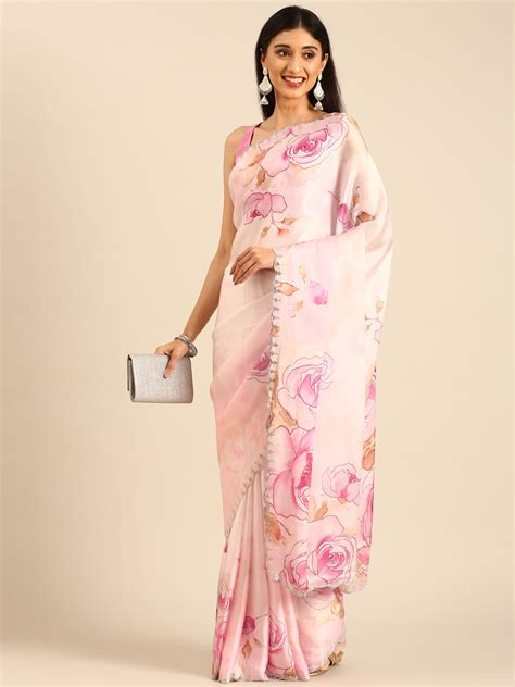 Pink satin floral printed saree with Swarovski embroidery – Neerus India