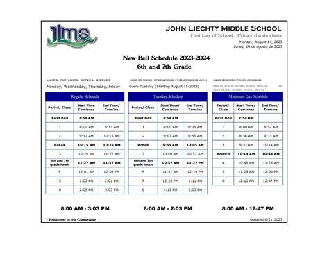 Bell Schedule – School Info – John H Liechty Middle School