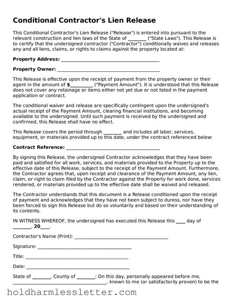 Conditional Contractor's Lien Release Template - Fillable PDF Form